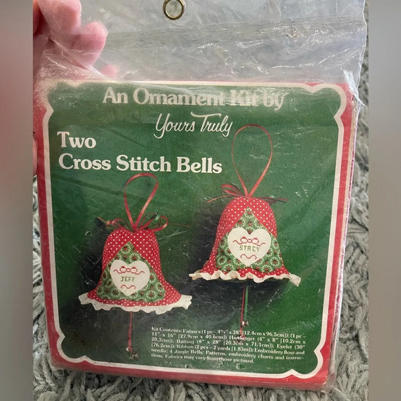 Vintage Yours Truly Fabric ORNAMENT Kit Contains Two Cross Stitch Bells New 1981 - Picture 1 of 3